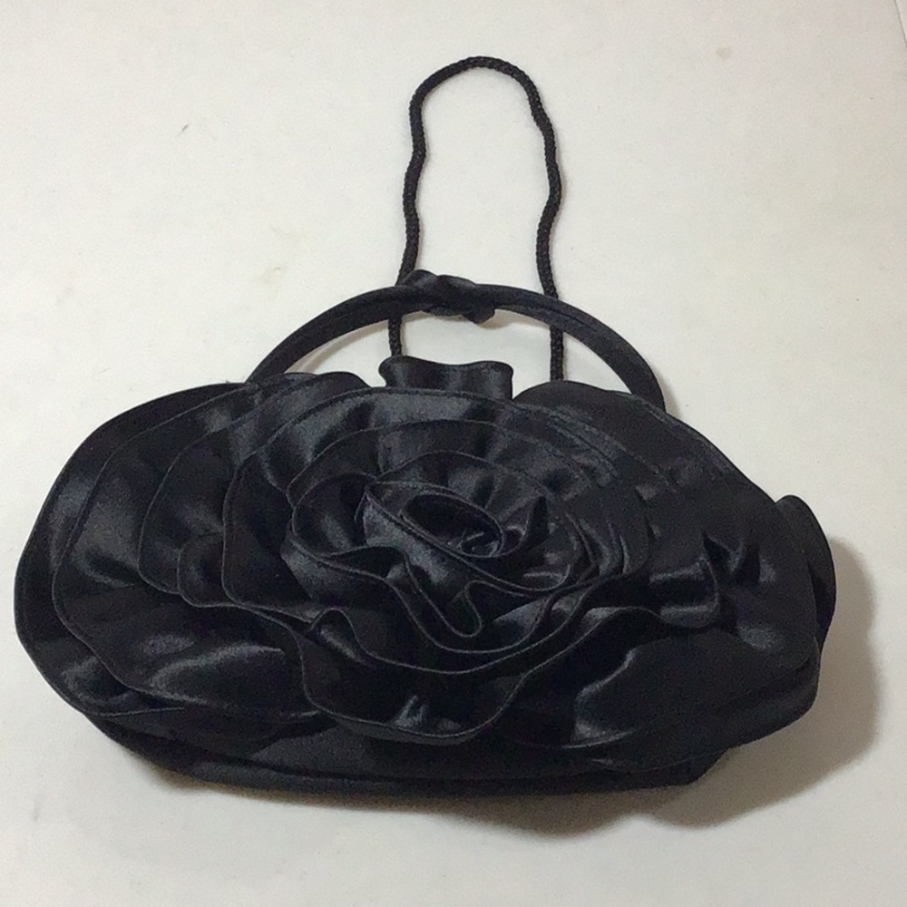 Preston & York black ruffled flower evening bag w/ strap & handle.